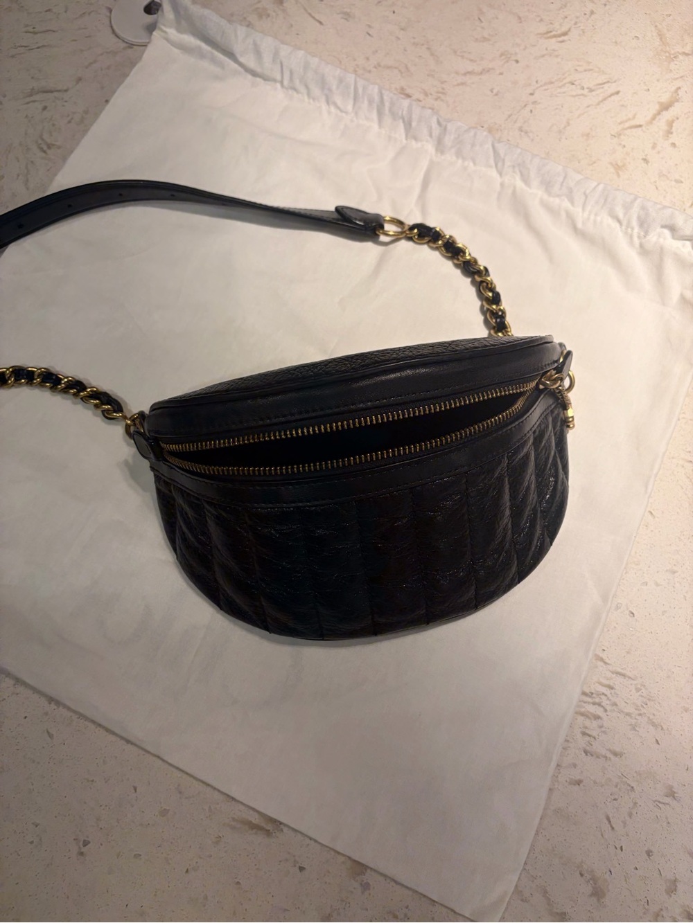 Coach Black Quilted Leather Crossbody and Belt Bag around the hipwith Gold Chain